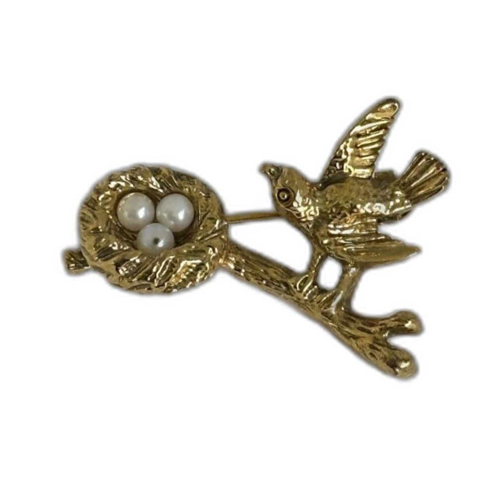 Bird on Branch with Nest Brooch Gold Tone Faux Pearl Eggs Pin